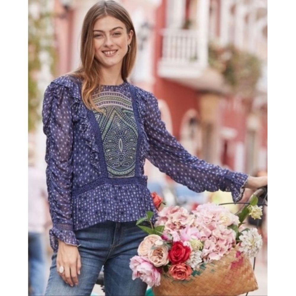 Sundance Delamere Blouse Womens Small Blue Boho Crochet Lace Ruffle Peplum Top